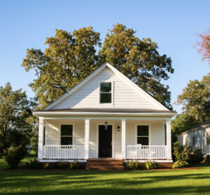 White house with a front porch and green lawn, showcasing energy-efficient windows, relevant to Windowcrafters' offerings in Atlanta home improvement.