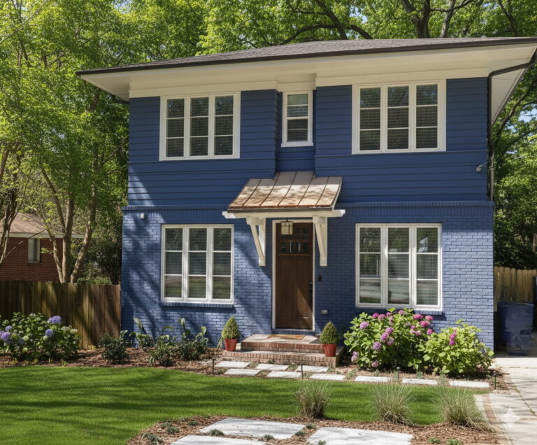 Custom blue two-story house featuring multiple vinyl windows, a wooden front door, and landscaped garden with flowers and stone pathway, representing Windowcrafters' window solutions for home projects.