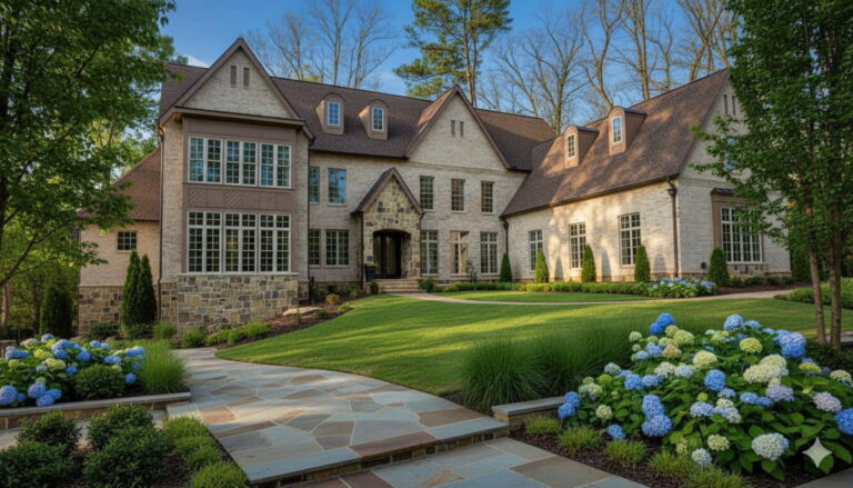 Custom residential home featuring large vinyl windows and a landscaped garden, showcasing a blend of stone and brick exterior with a welcoming entrance.