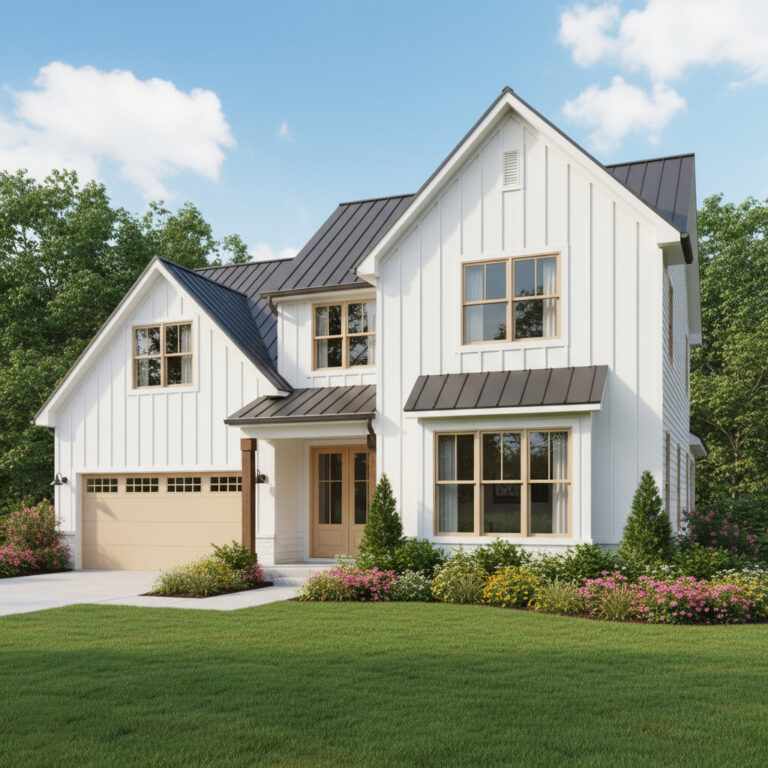 Custom home with white siding, black metal roof, and vinyl windows surrounded by landscaped garden in a residential setting.