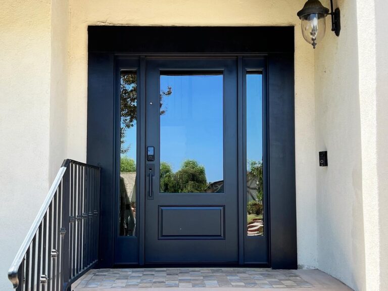 Black double entry door with sidelights, modern design, and glass panels, showcasing a stylish entrance for residential properties, emphasizing quality and custom fit.