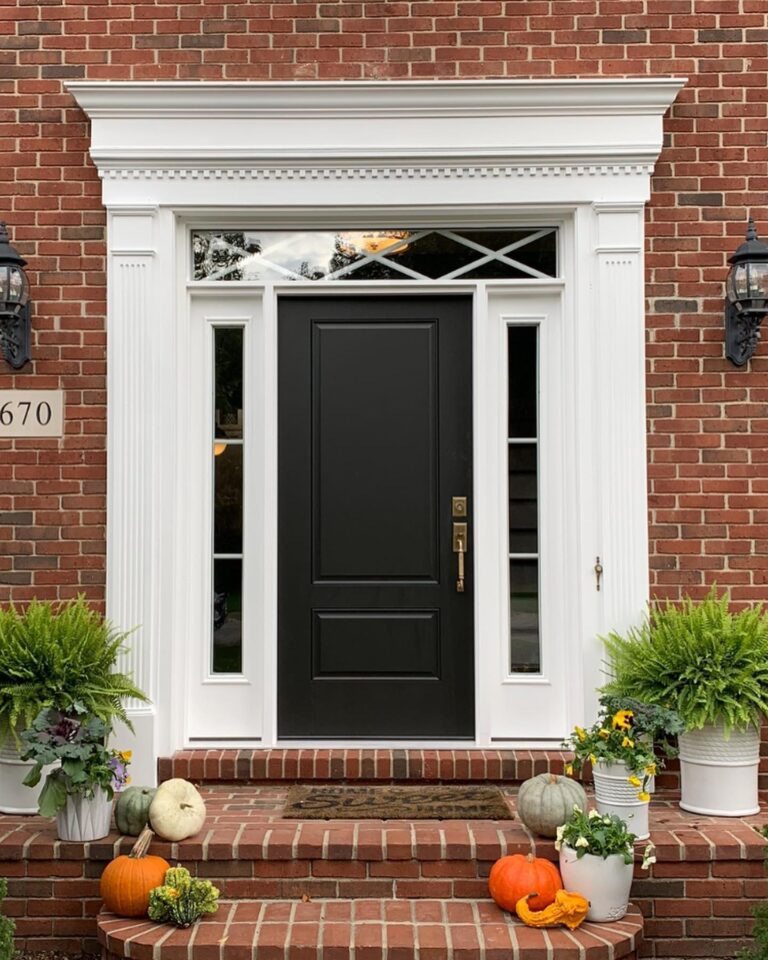 Black fiberglass exterior door with white trim, flanked by decorative plants and pumpkins, on brick steps, showcasing seasonal decor and inviting entryway aesthetics.