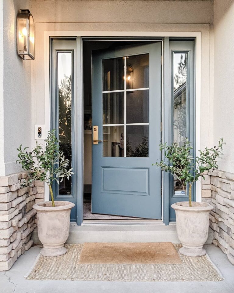 Exterior door with glass panels, blue color, flanked by potted plants, showcasing a welcoming entrance for homeowners in Atlanta.