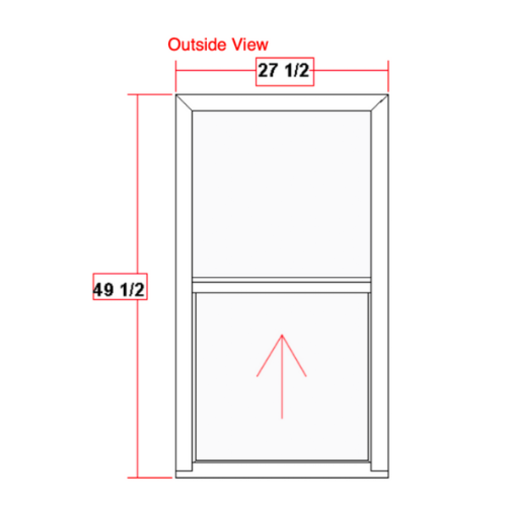 28" W x 50" H single-hung vinyl window diagram with dimensions and outside view label, showcasing design details relevant to the 900 Series product.