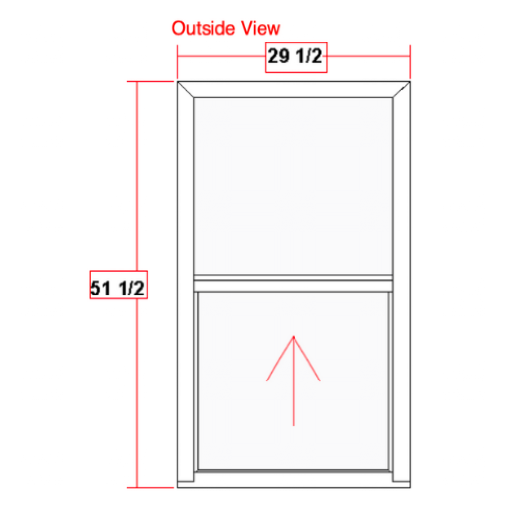 30″ W x 52″ H single-hung vinyl window design with dimensions, featuring an outside view and upward-opening lower sash, highlighting product specifications for Windowcrafters.