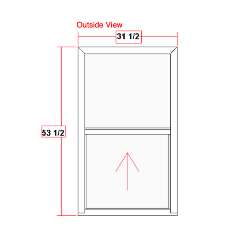 Single-hung vinyl window diagram with dimensions 31 1/2" width and 53 1/2" height, labeled "Outside View" and featuring an upward arrow indicating the opening direction.