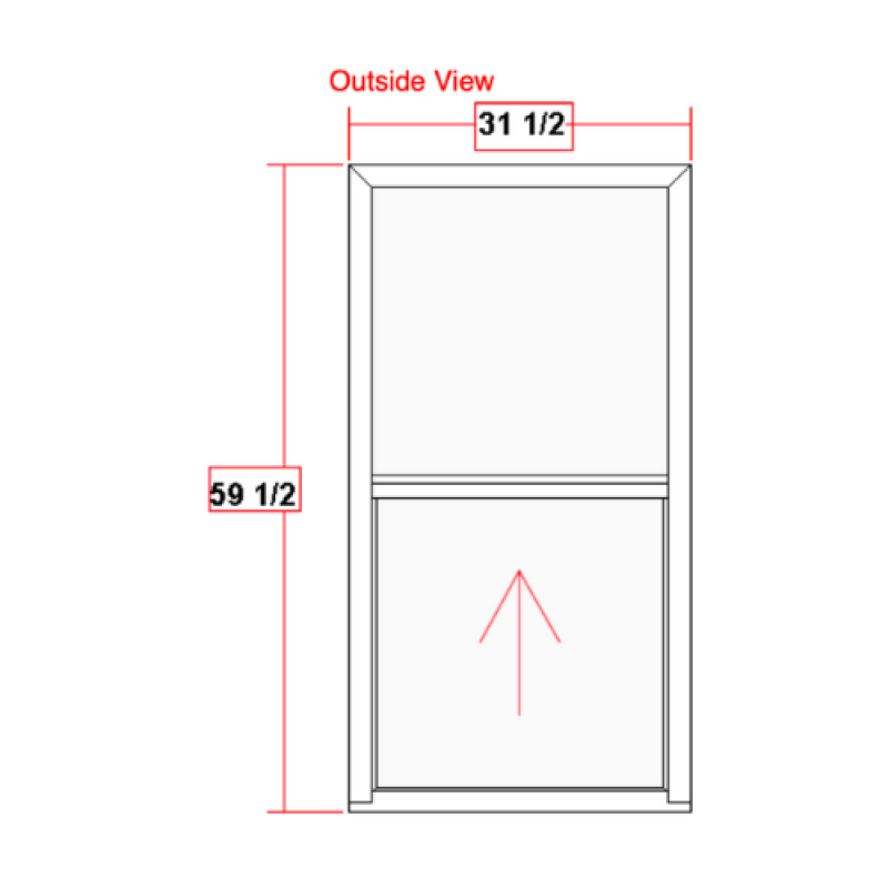 Diagram of a single-hung vinyl window with dimensions 31.5 inches wide by 59.5 inches high, labeled "Outside View," showcasing the window's design and structure for the 900 Series.