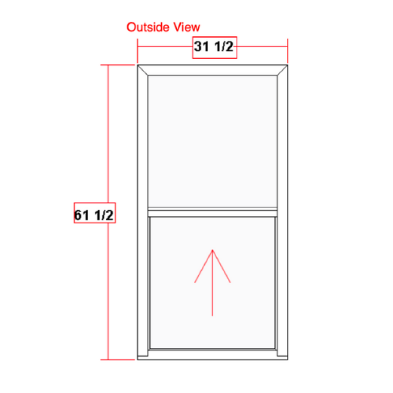 Diagram of a single-hung vinyl window with dimensions 31.5 inches wide and 61.5 inches high, labeled "Outside View" and featuring an upward arrow indicating the opening direction.