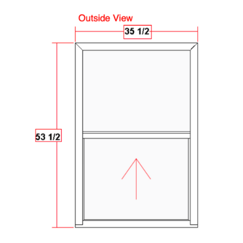 Diagram of a single-hung vinyl window with dimensions labeled 35 1/2 inches wide and 53 1/2 inches high, featuring an upward arrow indicating the opening mechanism, relevant to Windowcrafters' 900 Series custom-built windows.