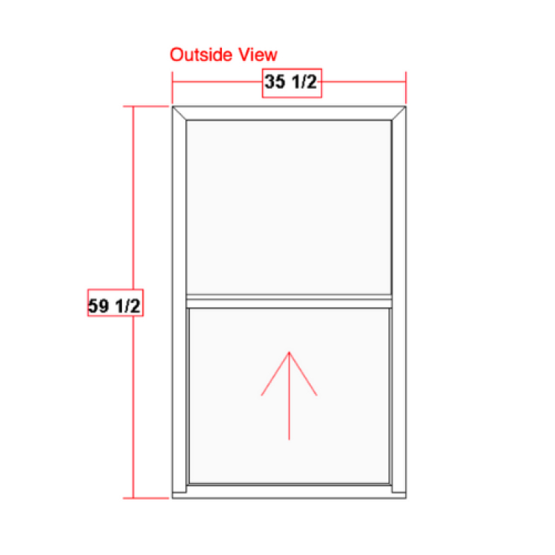 Diagram of a single-hung vinyl window with dimensions 35 1/2" width and 59 1/2" height, labeled "Outside View," highlighting design features relevant to the 900 Series by Windowcrafters.